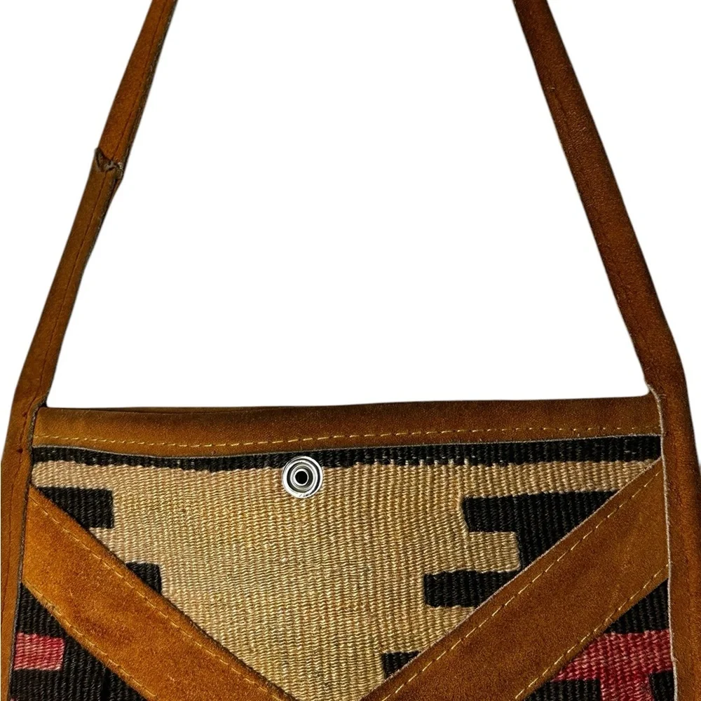 Kilim Jute Handmade Wool Leather Crossbody Bag Southwestern Aztec Boho Hippie